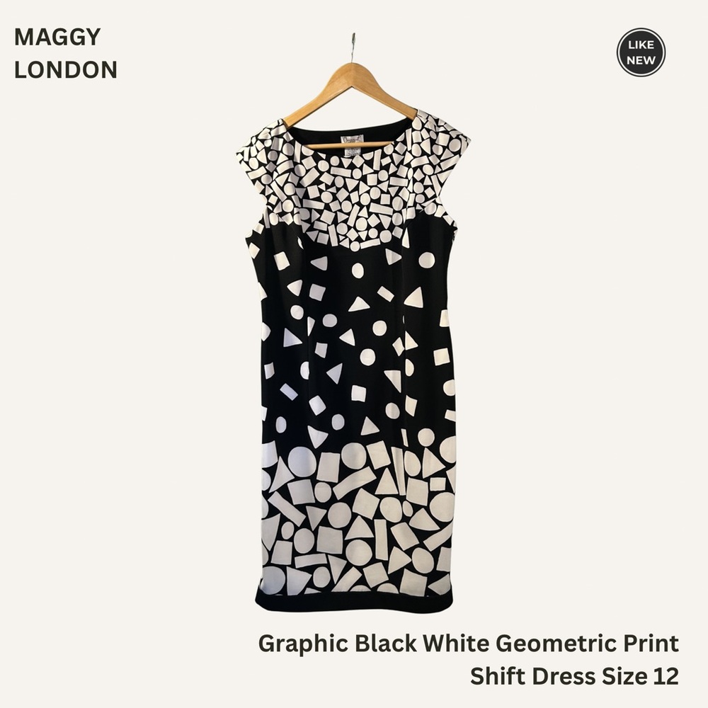 Maggie London Graphic Black White Geometric Print Shift Dress Size 12